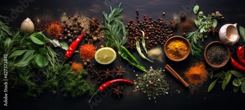 Fototapeta Naklejka Na Ścianę i Meble -  Herbs and spices for cooking on dark background stock photo