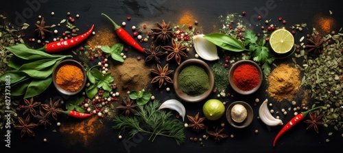 Herbs and spices for cooking on dark background stock photo