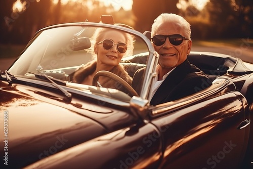 Wealthy couple in classic convertible luxury car, rich elder lifestyle
