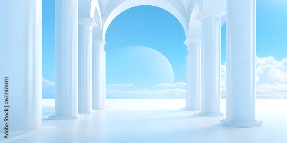 Beautiful airy widescreen minimalistic white and light blue architectural background banner with tilted columns