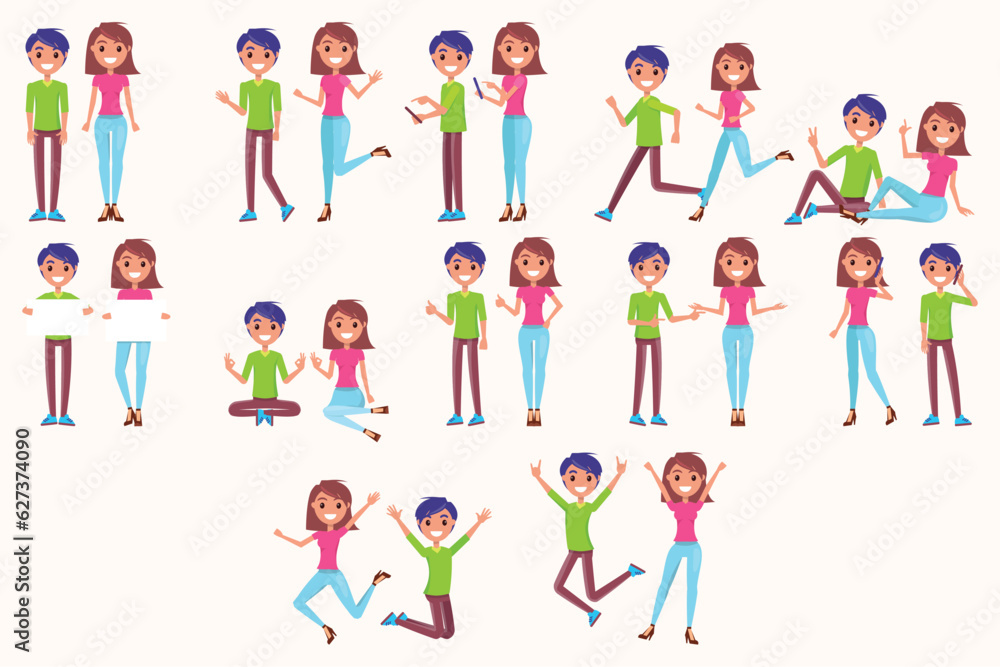 Happy people set. Young funny teens poses guy and girl together for joy joyful celebration victory team of smiling students celebrates success. Happy color cartoon characters in cheerful movement