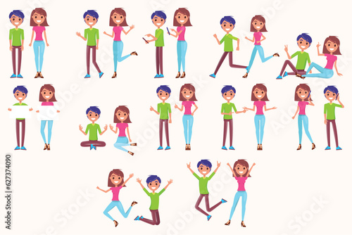 Happy people set. Young funny teens poses guy and girl together for joy joyful celebration victory team of smiling students celebrates success. Happy color cartoon characters in cheerful movement
