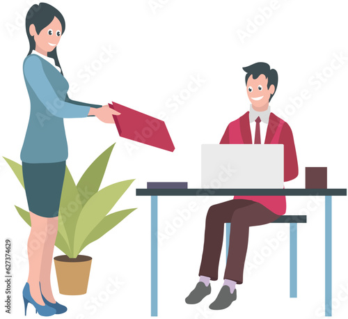 Secretary giving documents to boss, business concept. Young happy woman office clerk manager cartoon character gives contracts or reports to businessman company leader chief at meeting, paperwork