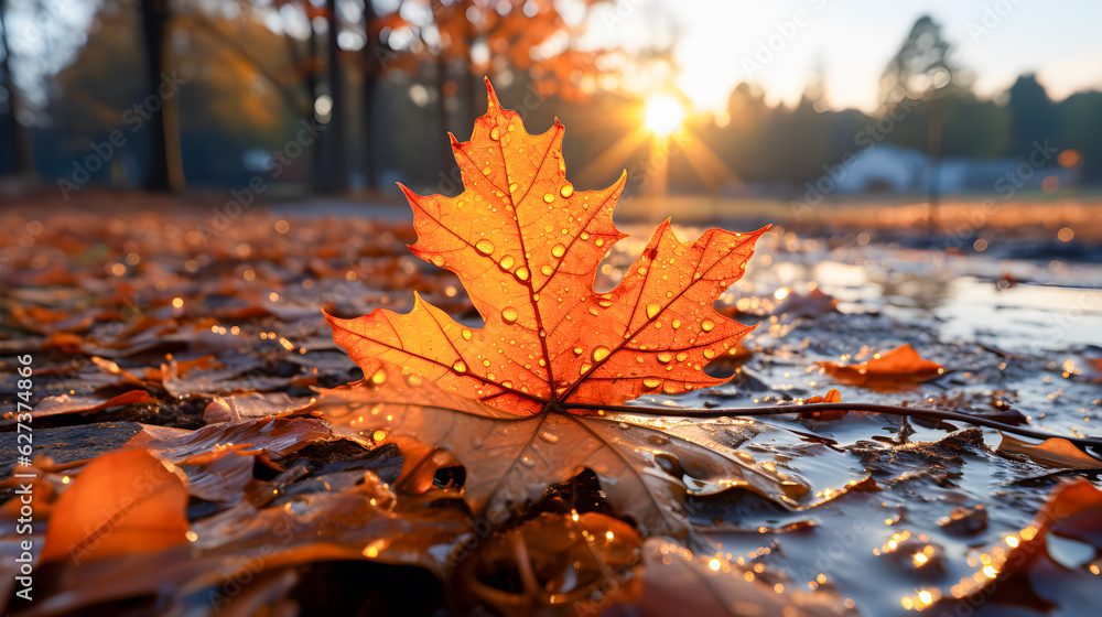 Brown maple leaf on the forest floor with raindrops. Autumn landscape