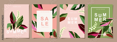 Summer template set for poster, card, cover, label, banner in modern minimalist style and simple summer design templates with tropical leaves, flower, and plants.