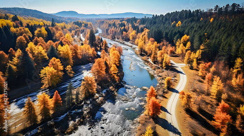 Autumn landscape of a river and a road in a forest of trees with yellow and brown foliage. Autumn landscape.