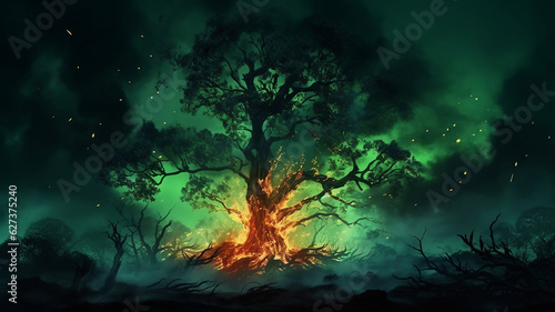 wildfire disaster green tree caught fire at night natural destruction of forest fires The beasts fled to death. Environment damaged by global warming. generative AI