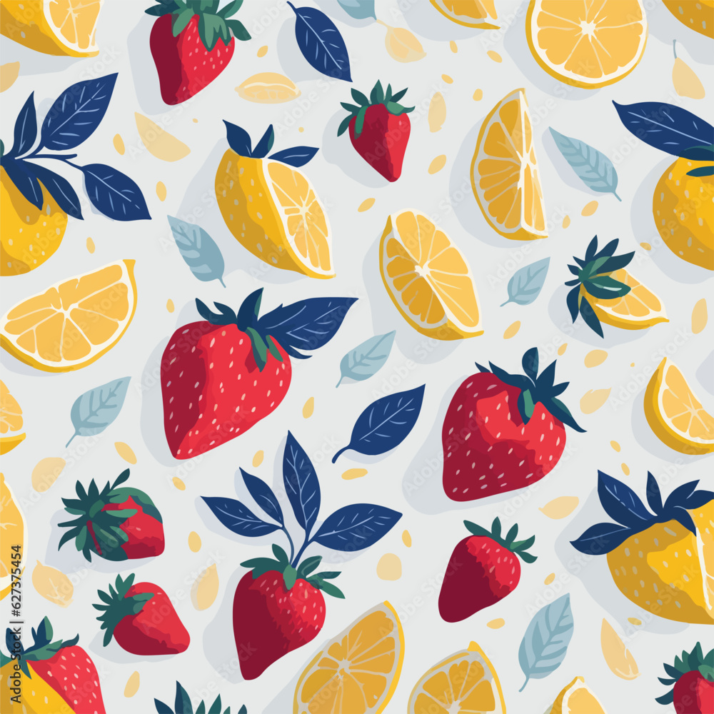 Lemon and strawberry Watercolor white background. Flat design fruit and fruit pattern