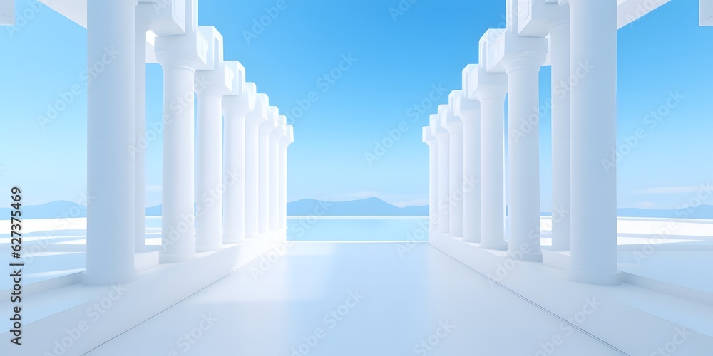 Beautiful airy widescreen minimalistic white and light blue architectural background banner with tilted columns