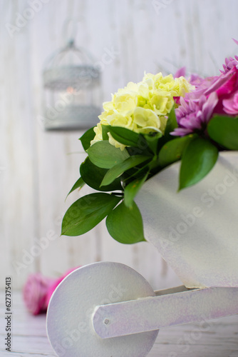 Wheelbarrow Bouquet with Roses and Hydrangeas 