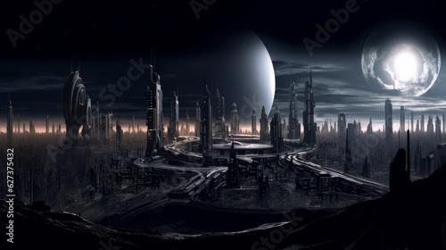 Fantasy world cityscape showing dark towers and futuristic architecture in a high-tech alien skyline, space exploration SciFi concept. 