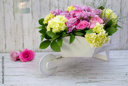 Wheelbarrow Bouquet with Roses and Hydrangeas 