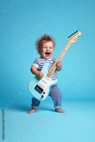 Little baby boy playing electric guitar against light pastel blue background. Concept of happiness, good music, children's party, birthday celebrations. Generative AI.