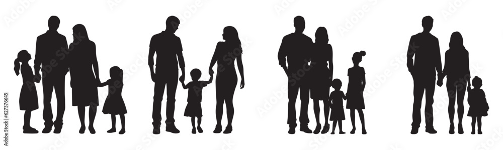 Isolated minimal black family silhouettes. Collection of family silhouettes on isolated background. Vector illustration