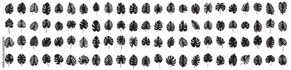 Set of leaf silhouette elements. Collection of monstera silhouettes on isolated background. Vector illustration - obrazy, fototapety, plakaty 