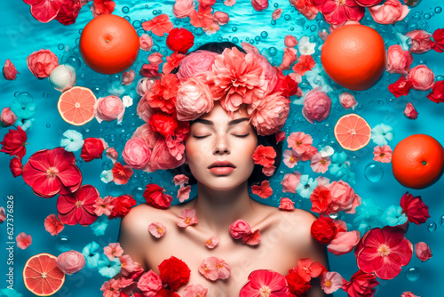 Beautiful Girl floating on water with fresh tropical fruits. Resort, spa concept. Generative AI