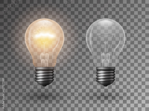 Realistic transparent old style light bulbs on dark background. 3d vector illustration of on and off electric filament lamps. Concept icon for innovation, creative idea, business solution.