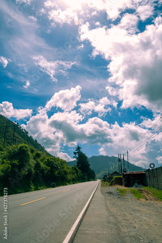Panoramic view of a road in the mountainous area of Guatemala, a rural space with a vegetal layer, a source of water and oxygen for the world.