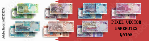 Vector pixelated mosaic set of Qatar banknotes. Bills in denominations of 1, 5, 10, 50, 100, 200 and 500 Qatari riyals. Flyers or play money.