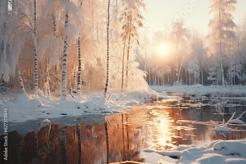 Winter landscape with a river partially frozen and trees covered in snow and ice, at sunset that creates a peaceful and serene mood. 