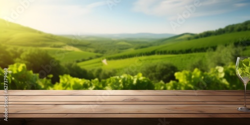Empty wood table top with on blurred green vineyard landscape background in spring © Jing