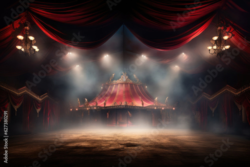 Circus tent with illuminations lights at night. Cirque facade. Festive attraction