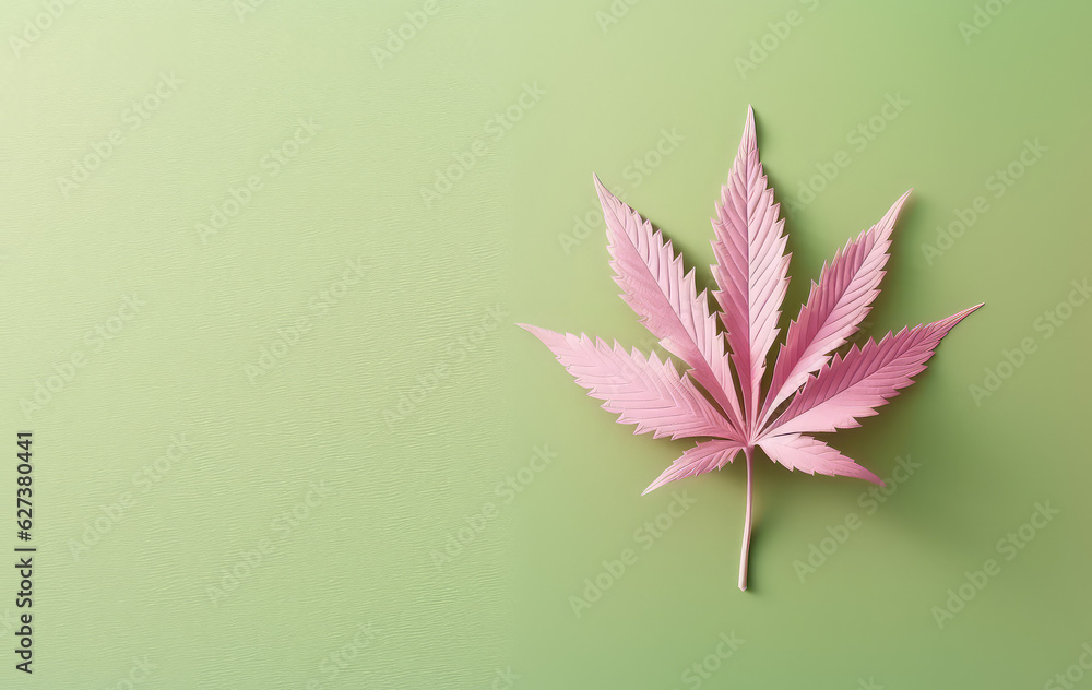 Fototapeta premium Top view of a single cannabis leaf lying on a flat pastel surface. A cannabis leaf lying on a green background with copy space. 