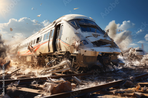 Accident of a high-speed train collided at the railroad generative ai photo