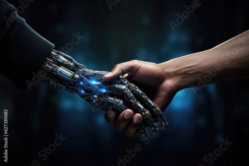 Robotic and human arms interact with each other. Handshake between human and artificial intelligence. Friendship and partnership of mankind and machines © Lazy_Bear