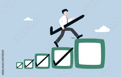 Career growth with more challenging task, effort to finish higher level mission, work experience and development concept, Businessman holding check mark stepping up to bigger checkbox.