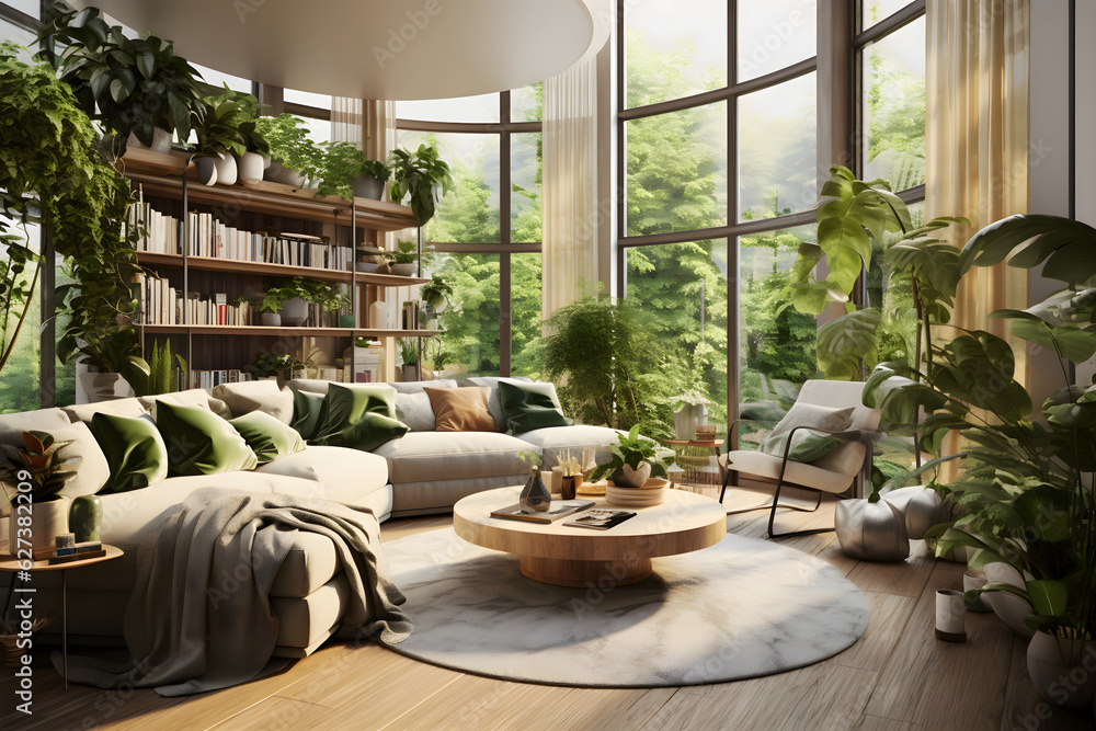 A modern and cosy living room full of nature green plants - Home design theme