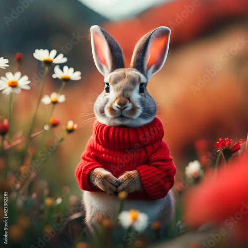 Um coelho vestindo um suéter vermelho, paisagem natural, flor. photo