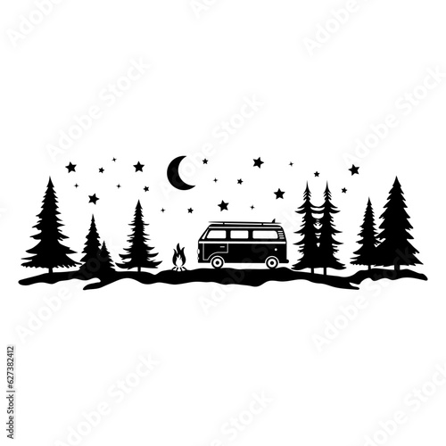 Camping in the Woods under the Moon and Stars, Van in the Forest, Hand Drawn Vector Illustration