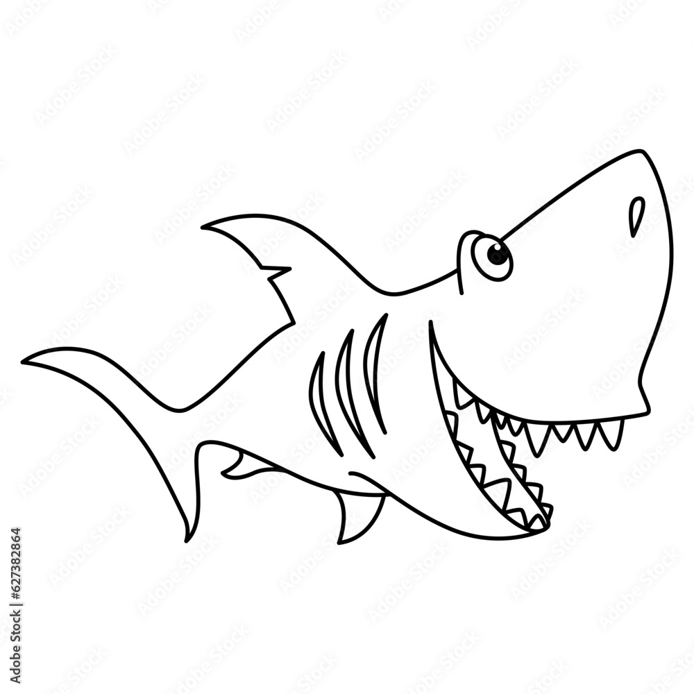 Obraz premium Funny shark cartoon characters vector illustration. For kids coloring book.