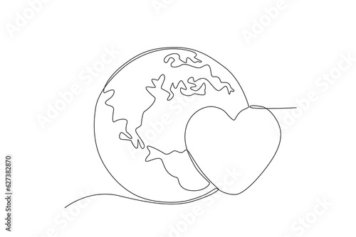 A world and a heart. World heart day one-line drawing