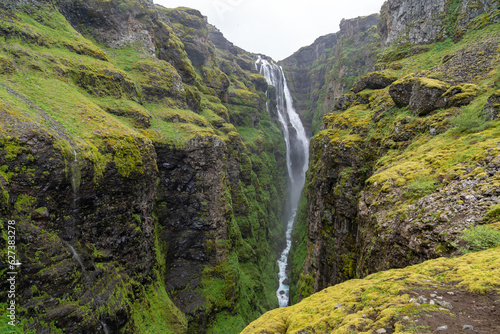 Beautiful mossy canyon at Glymur Waterfall in Iceland