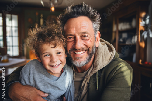 Adult hipster son fun hugging old senior father at home, two generations have a beard talking together and relaxing with smile, 2 man happy enjoy to living at home in father's day , generative ai