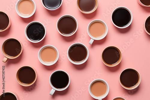 Top view of different mugs with assorted coffee varieties isolated on pastel pink background. Wallpaper with a variety of coffee drinks in mugs. 3d render illustration style. 