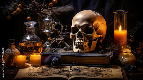 Fényképezés A skull sitting on a spell book in a Gothic environment | Halloween concept