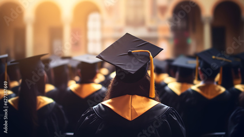 Rear view of the graduates in the graduation commencement ceremony