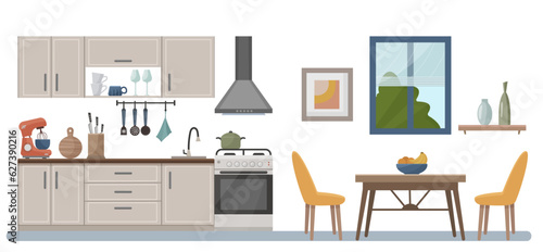Cozy kitchen interior with furniture, stove, extractor hood. Decor for the kitchen. Kitchen furniture: table, chairs, shelf, picture, kitchen window. Vector in flat style. © Makosha.art