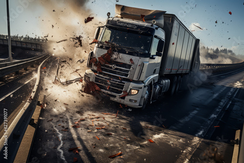 photorealism of Truck collision accident on the expressway wide angle lens daylight whiteGenerative AI.