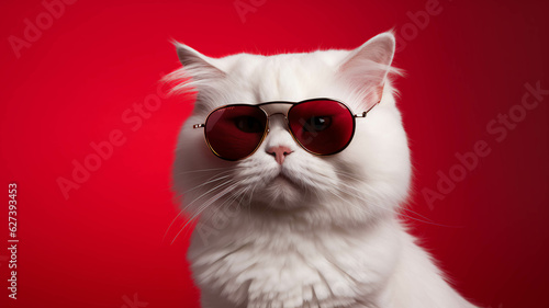 CAT WEARING SHADES ON RED BACKGROUND