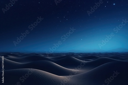 Minimalistic night landscape of desert dunes under a mesmerizing gradient starry sky.