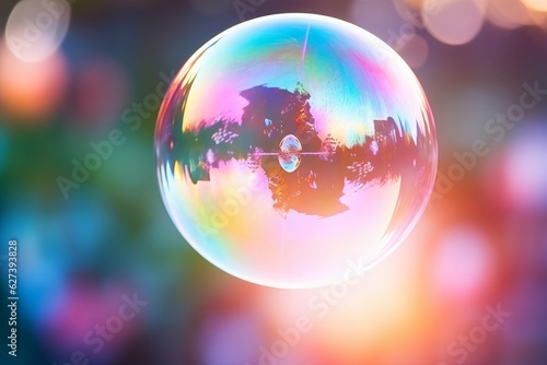 An iridescent soap bubble delicately hovers against a multicolored backdrop, captured in cinematic grandeur with razor-sharp focus. © Kishore Newton