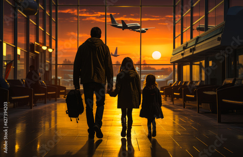 Tourists with child in arrival terminal. Travelling family on sunset airport. Generative AI.