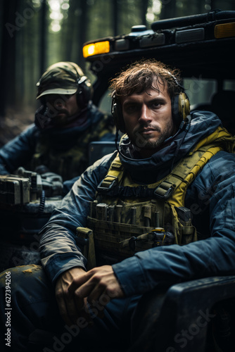 Military handsome man portrait. Confident person in ammunition. Generative AI. © Vadim