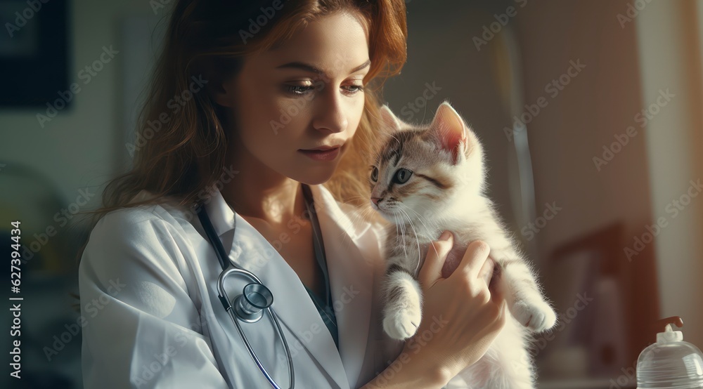 female vet examining a kitten with stethoscope in vet clinic. stock photo female vet examining a kitten with stethoscope in vet clinic. stock photo