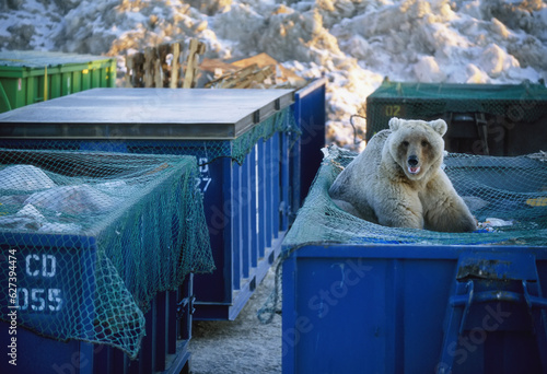 Young Grizzly bear (Ursus arctos horribilis) scavenges through a dumpster; Deadhorse, Alaska, United States of America photo