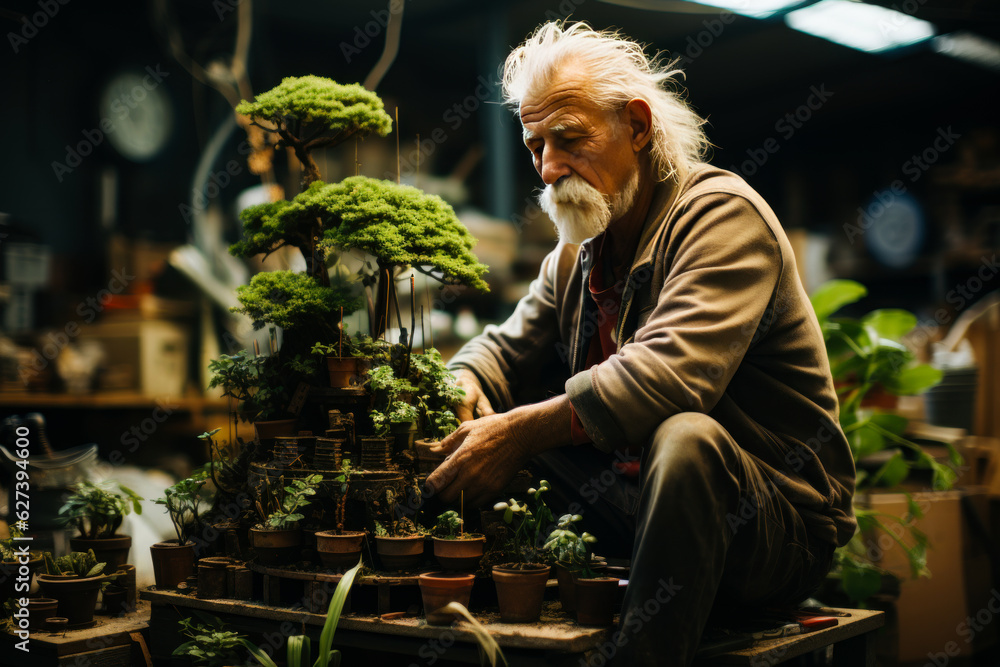 Old man planting small tree. Summer senior farmer on a garden. Generative AI.